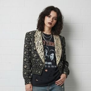 Vintage Black Tan Floral Lace Boho Retro Coquette Blouse 6